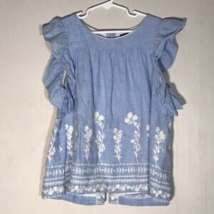 Tizzas chambray baby little girl dress embroidered flowers blue white sz 11-12m
